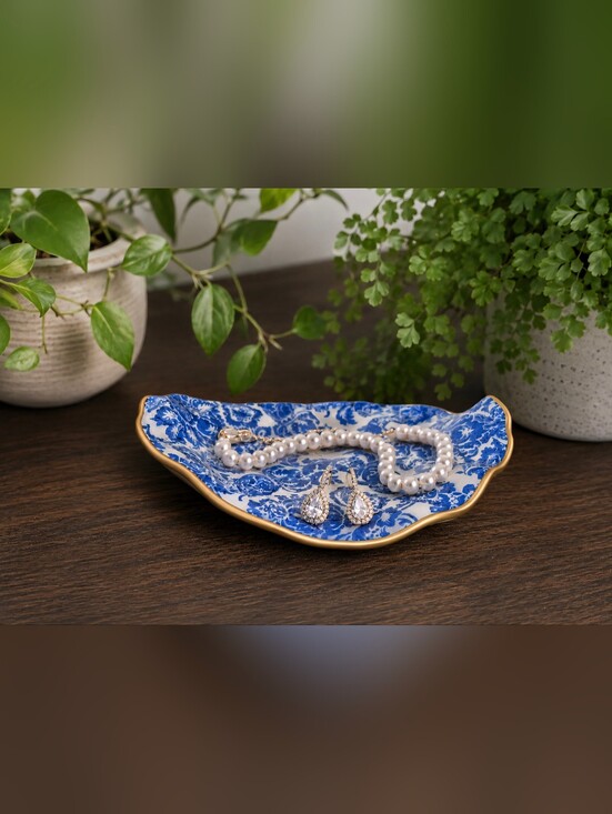 Other - Blue & White Floral Oyster Trinket Dish Set with Gold Rim- Set Of 2